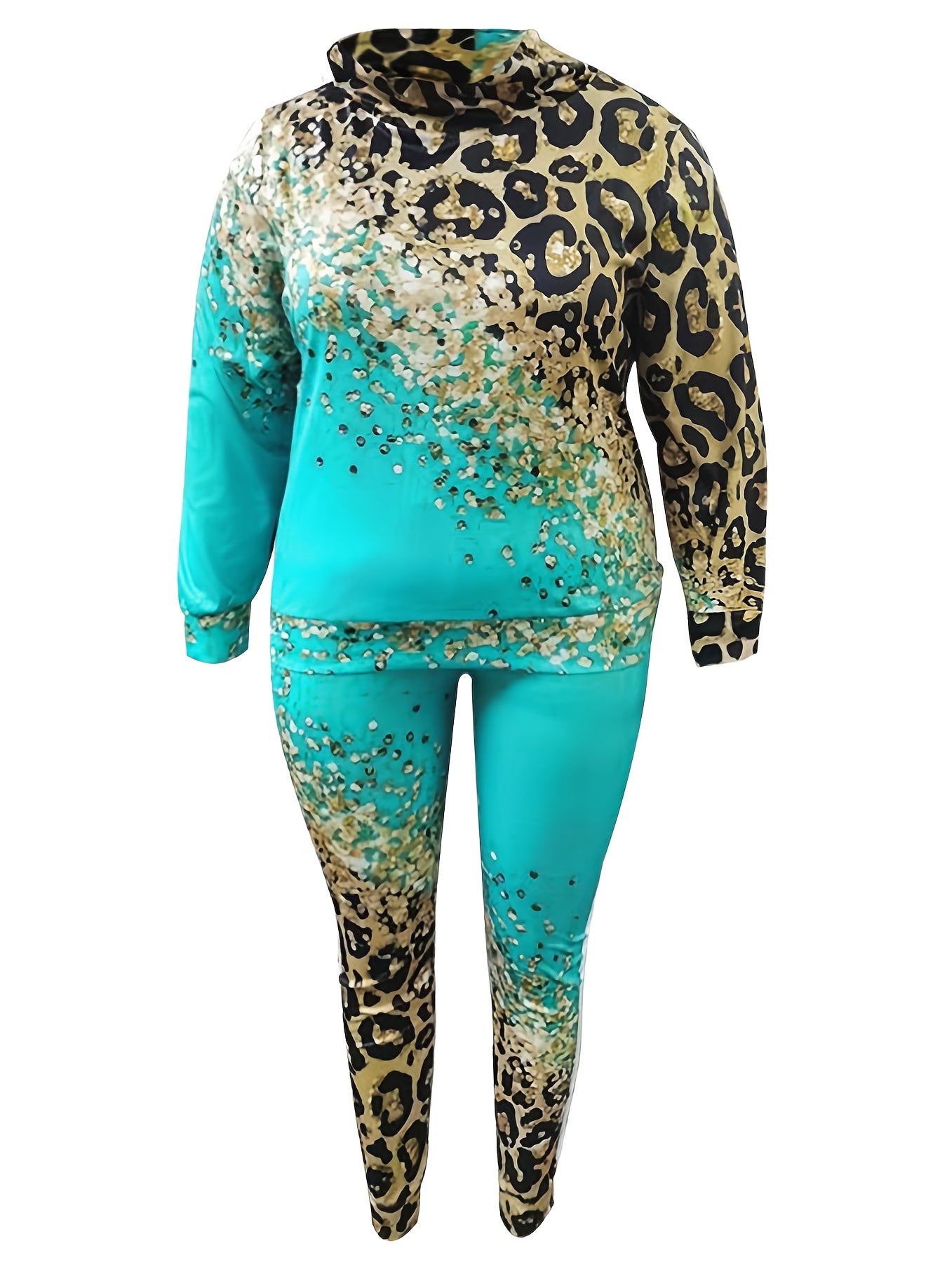  Colorblock Leopard Print Top & Pants Two Piece Set