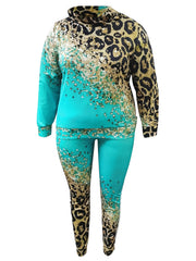  Colorblock Leopard Print Top & Pants Two Piece Set
