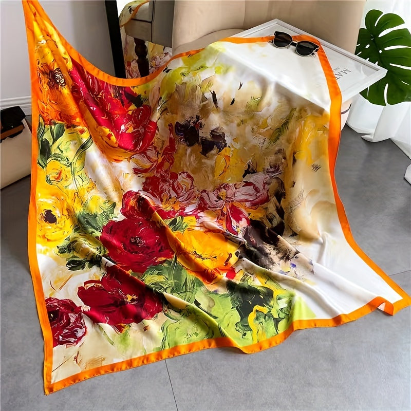 Oil Painting Print Square Scarf Silk Shawl Women Head Wrap Sunscreen