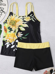  Floral Tankini Set Medium Stretch Split Strap Tank Top & Shorts