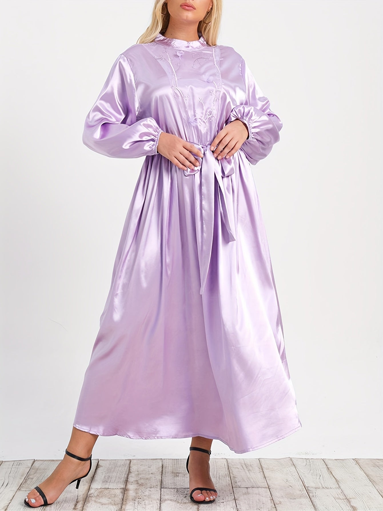  Solid Satin Lantern Sleeve Mock Neck Maxi Dress With Belt