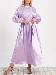  Solid Satin Lantern Sleeve Mock Neck Maxi Dress With Belt