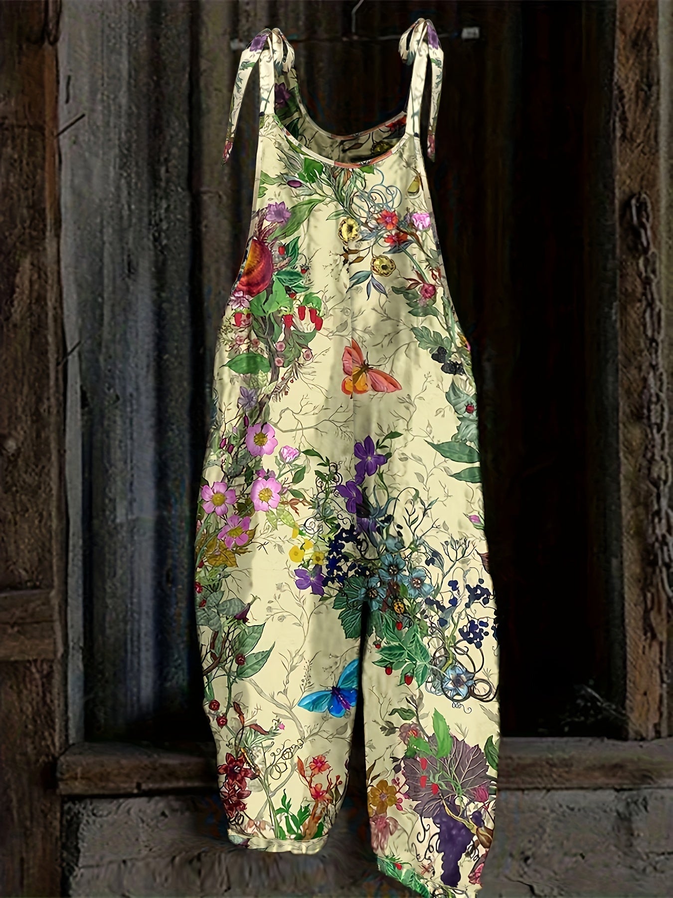  Floral Print Round Neck Tie Shoulder Cami Jumpsuit