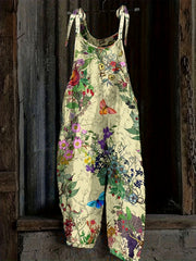  Floral Print Round Neck Tie Shoulder Cami Jumpsuit