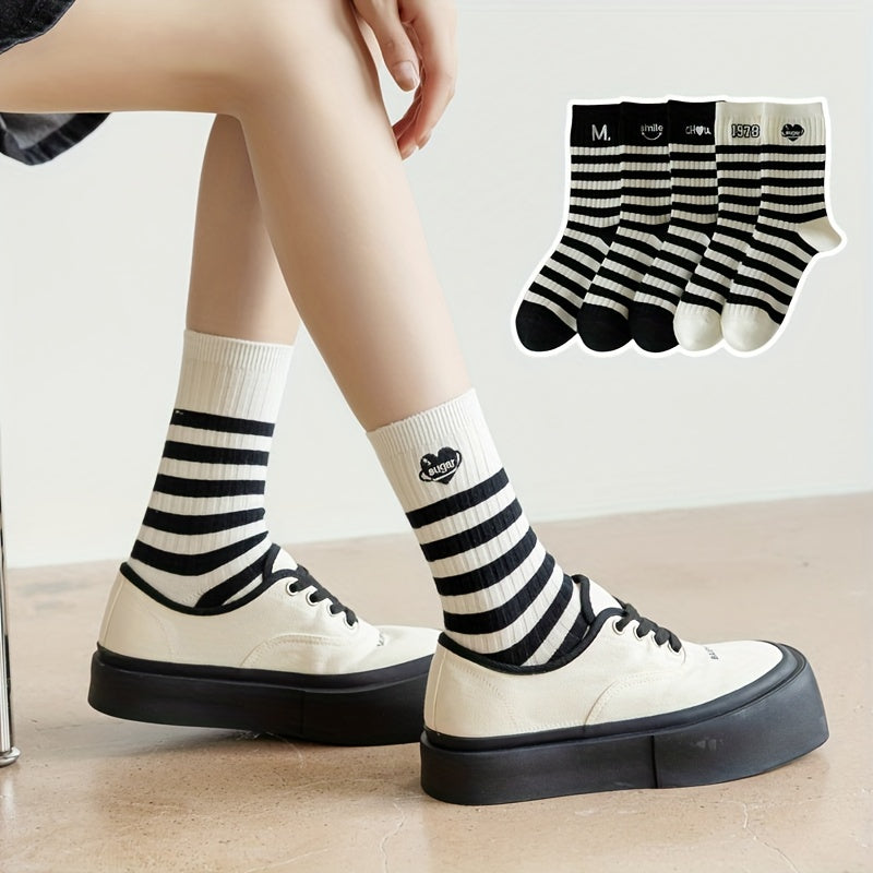 5 Pairs Striped Crew Socks Women's Stockings & Hosiery