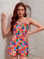 Block & Fruit Print Romper Jumpsuit Casual Sleeveless V neck Women's Clothing