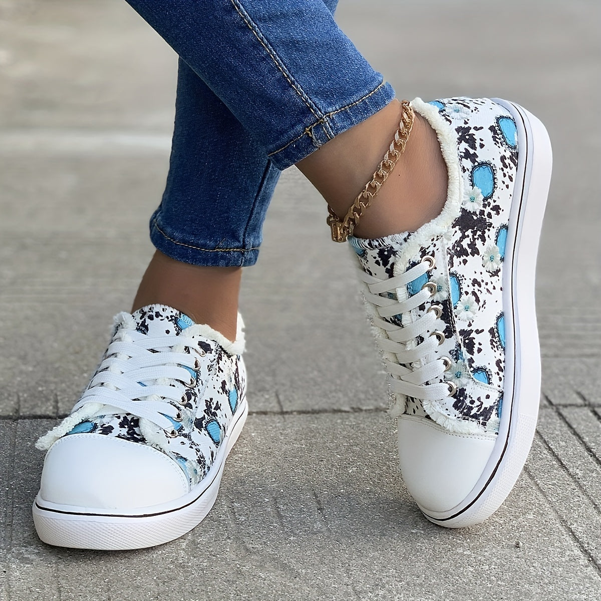 Floral Print Canvas Lace Up Sneakers Low Top Flat Walking Shoes