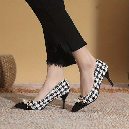 Faux Pearl Stiletto Heels Point Toe Houndstooth Pumps Women's Pumps