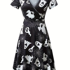  Ghost & Web Print Short Sleeve Dress
