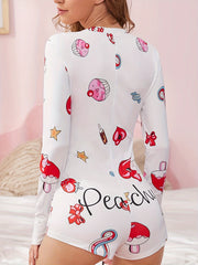 Ice Cream Print Pajama Romper Long Sleeve V Neck Buttons
