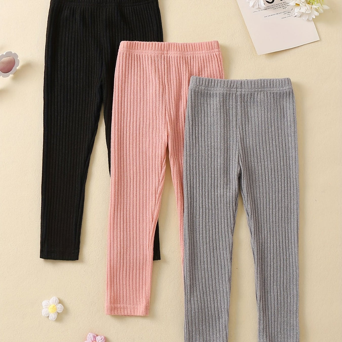 3-Pack Toddler Girl's High Waist Ribbed Knit Leggings