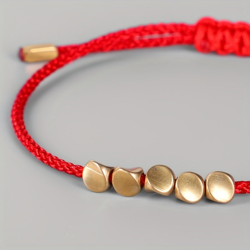 Handwoven Red Rope Bracelet with Copper Beads