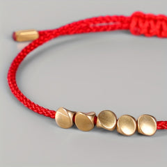 Handwoven Red Rope Bracelet with Copper Beads