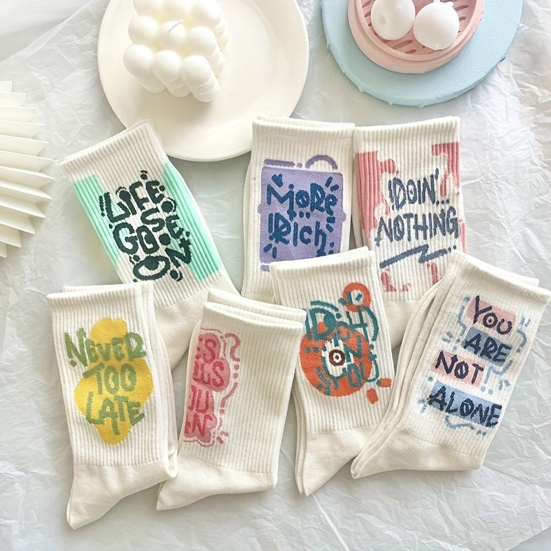 7 Pairs Letter Print Socks Comfy & Breathable Mid Tube Socks