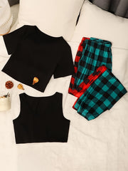 Women's Pajama Set Short Sleeve Top & Plaid Lounge Pants