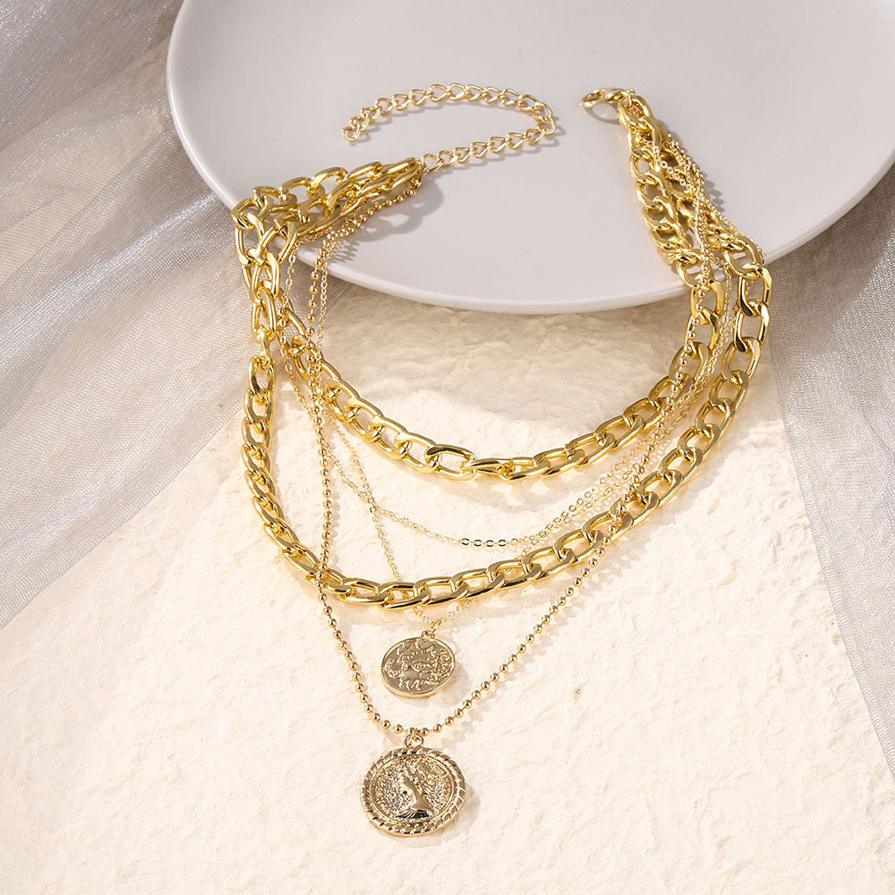 Punk Golden Portrait Coin Pendant Necklace For Women