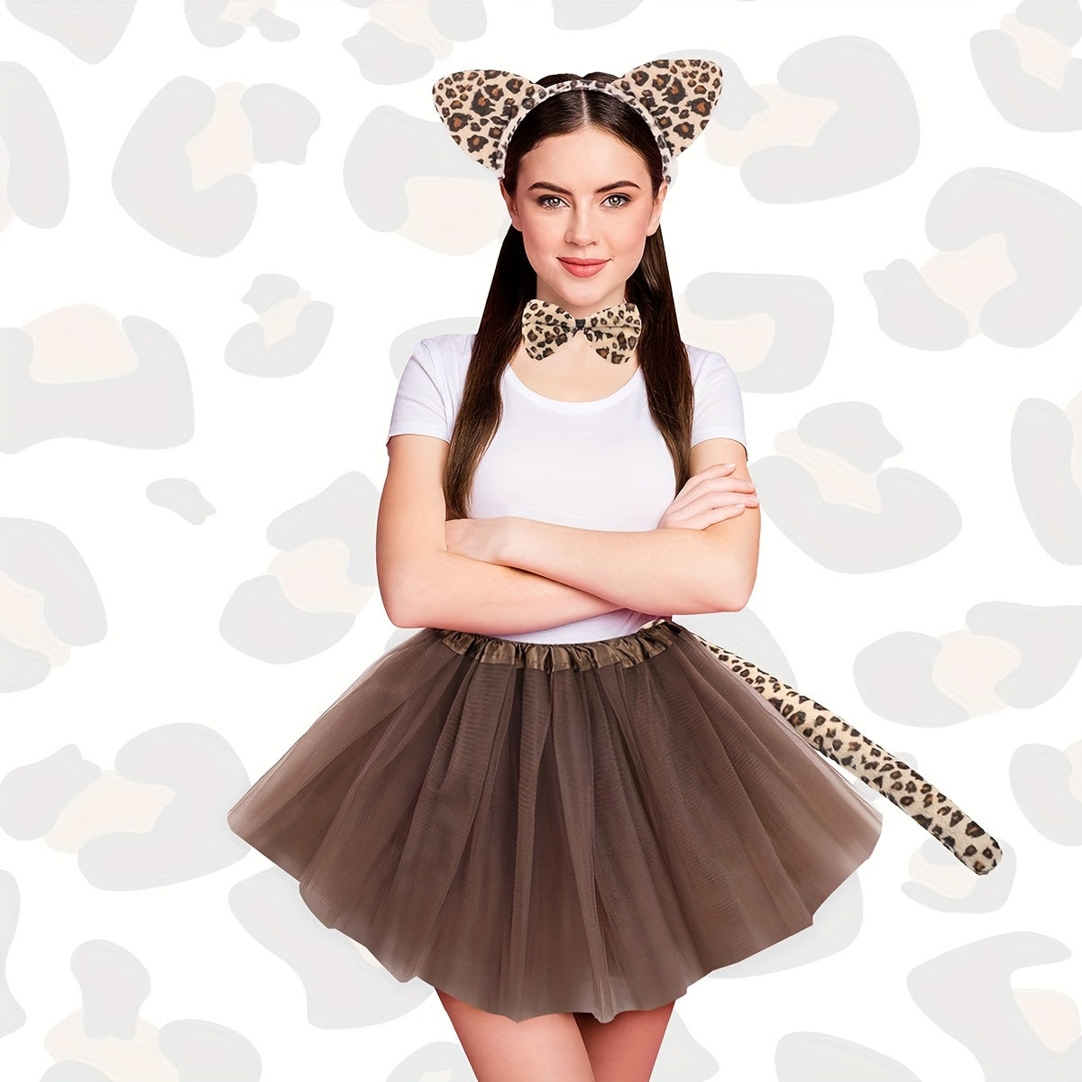 Leopard Cat Ears Headband Tail Bow Tie Short Skirt Dress Up Costume Set