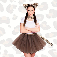 Leopard Cat Ears Headband Tail Bow Tie Short Skirt Dress Up Costume Set