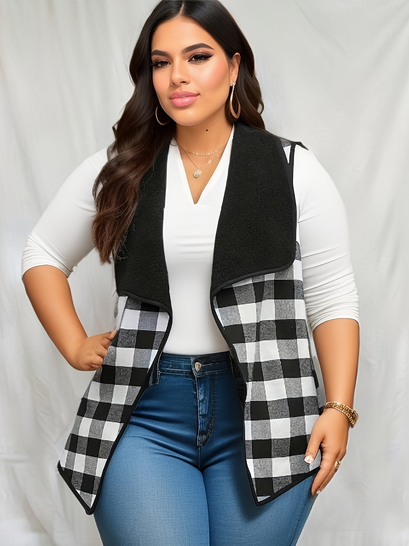  Colorblock Gingham Knit Vest