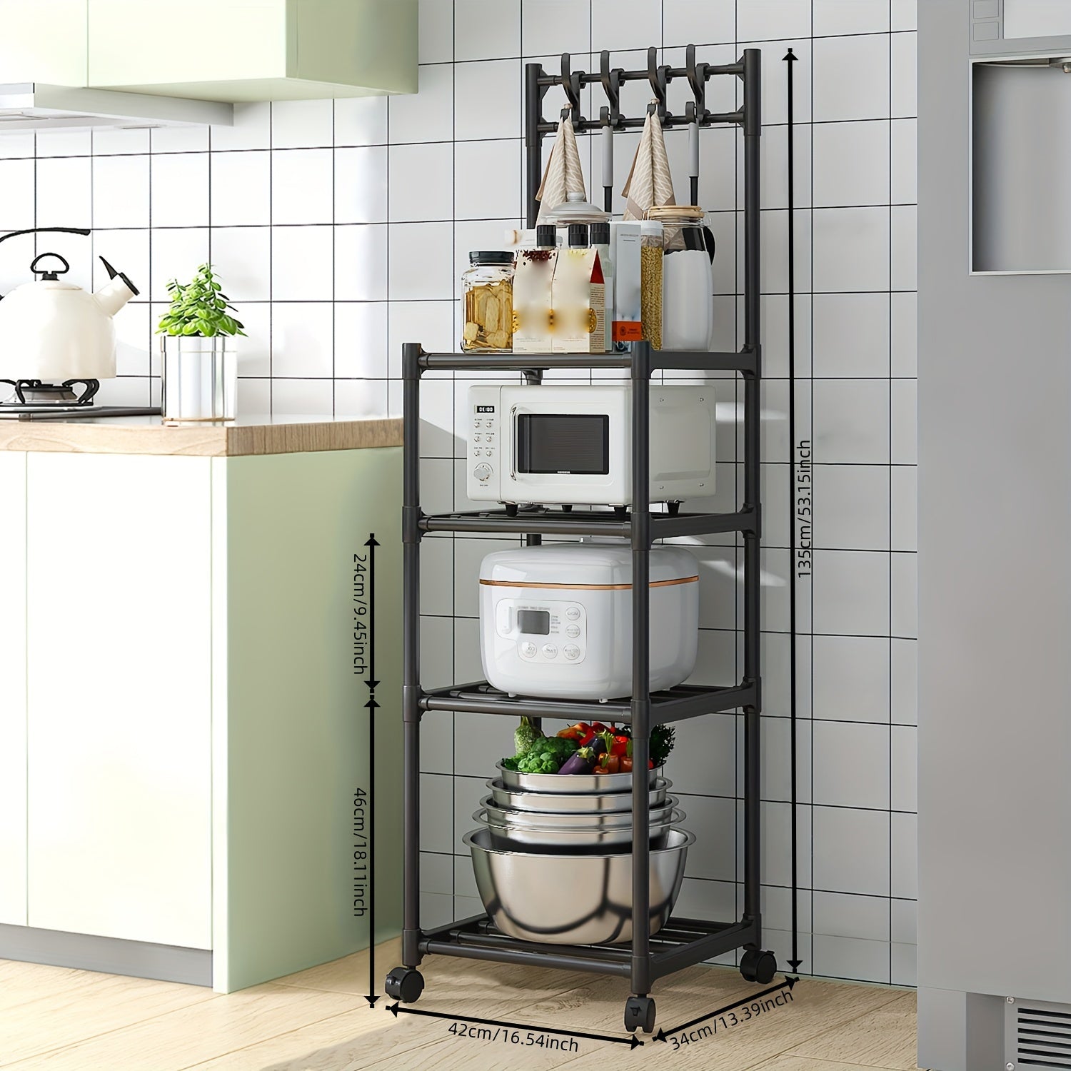 4-Layer Kitchen Shelf with Pulley and Hook, Pot Storage Rack