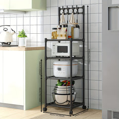 4 Layer Kitchen Storage Rack With Pulleys & Hooks Standing Rack