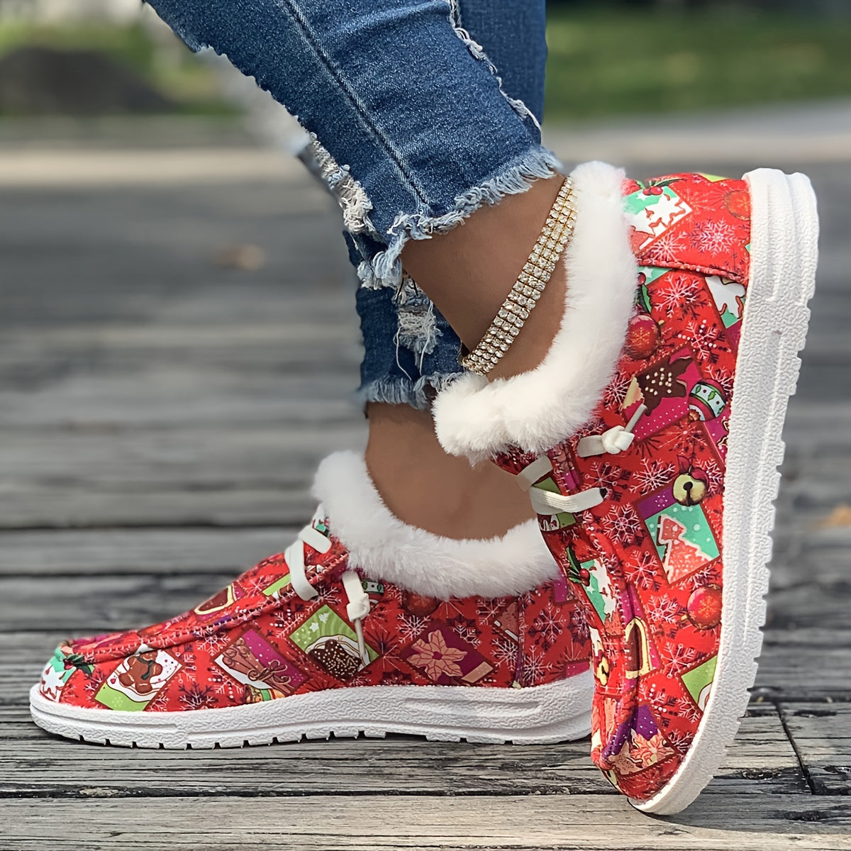Women's Christmas Style Snow Boots Winter Plus Plush Warm Flat Lace up Shoes