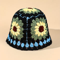 Vintage Flower Crochet Bucket Hat Hollow Out Knit Hat Y2K Beanie Fisherman Cap