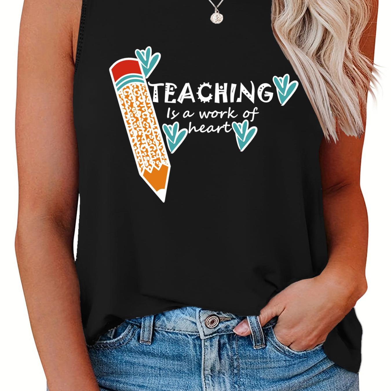  Casual Tank Top Women's Plus Pencil & Letter Print Round