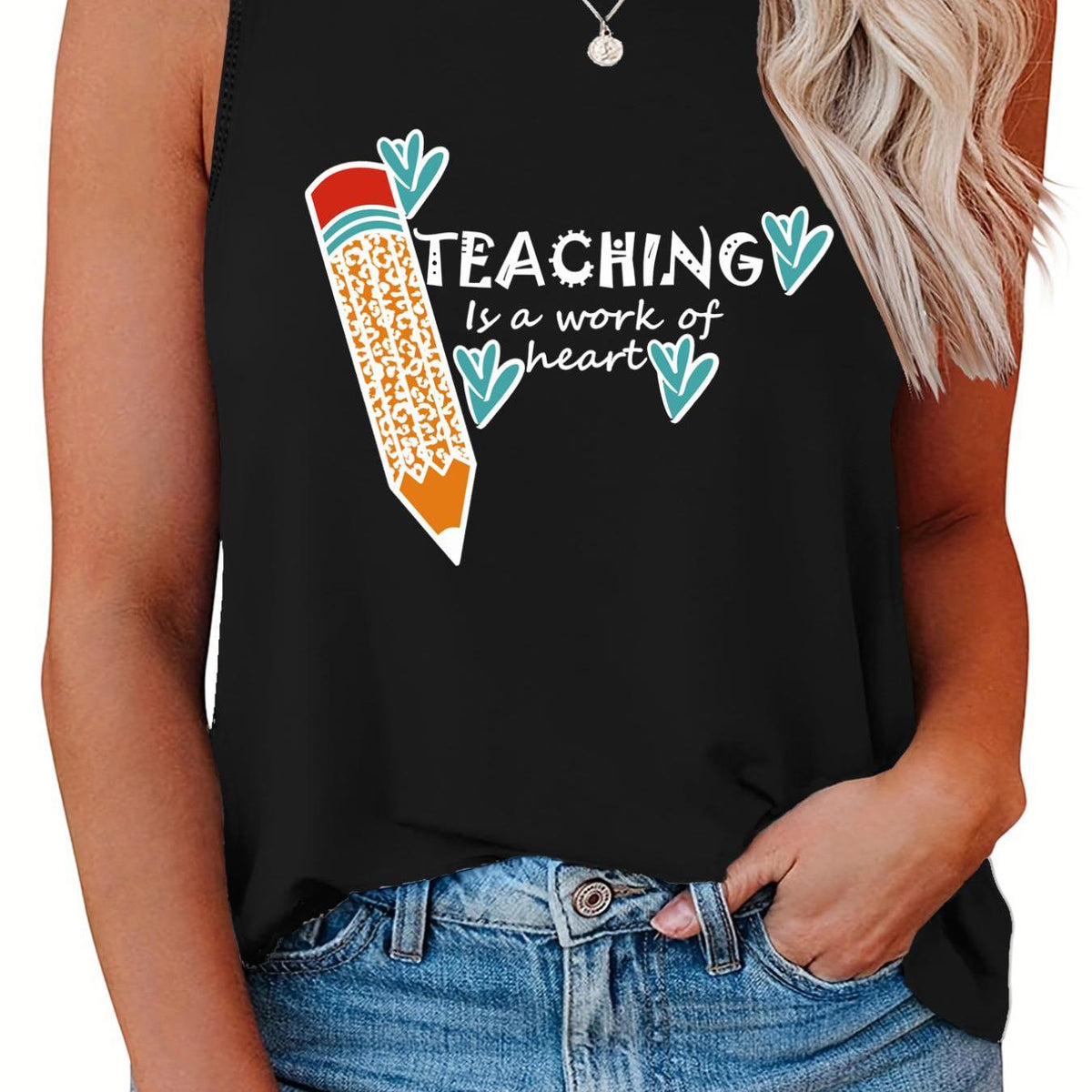  Casual Tank Top Women's Plus Pencil & Letter Print Round