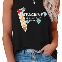  Casual Tank Top Women's Plus Pencil & Letter Print Round