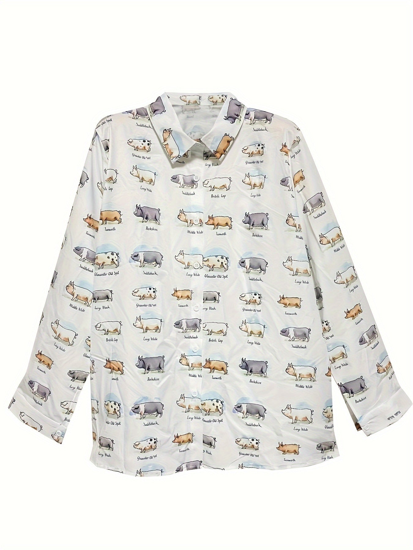  Pig & Letter Print Long Sleeve Blouse