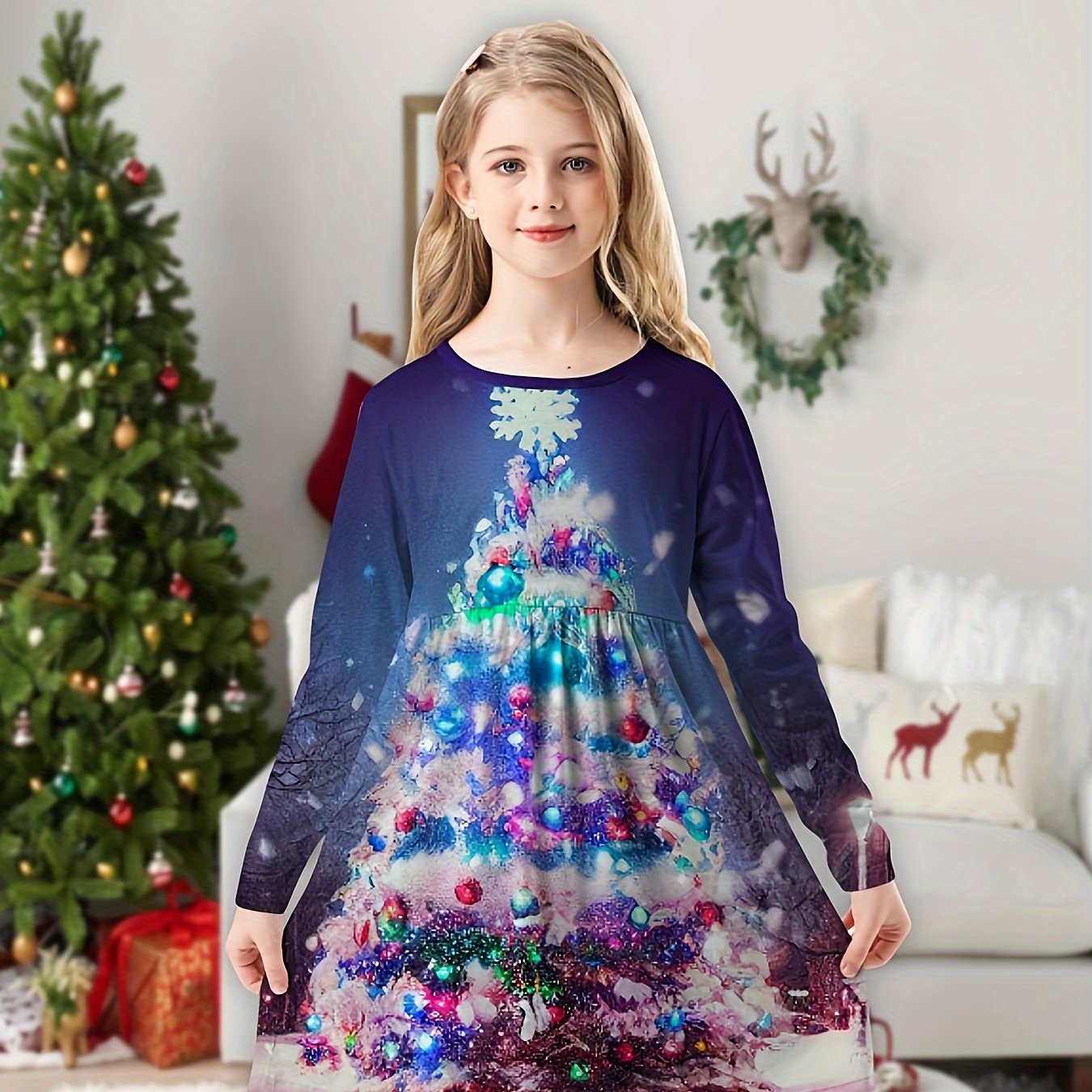 3D Christmas Tree Print Long Sleeve Dress Girls Dreamy Dress For Spring Fall