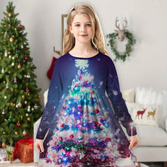 3D Christmas Tree Print Long Sleeve Dress Girls Dreamy Dress For Spring Fall