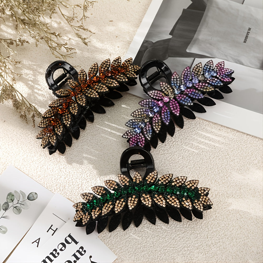 Crystal Leaf Hair Clips Large Rhinestone Barrette Jaw Clamp Vintage Hair Claws