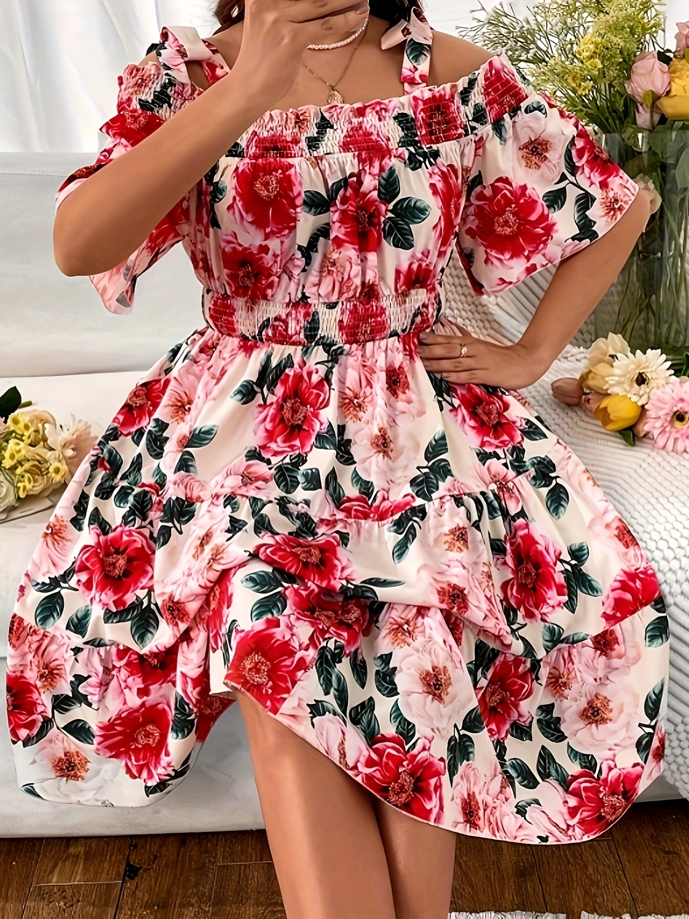  Floral Print Bow Knot Cold Shoulder Smock Dress