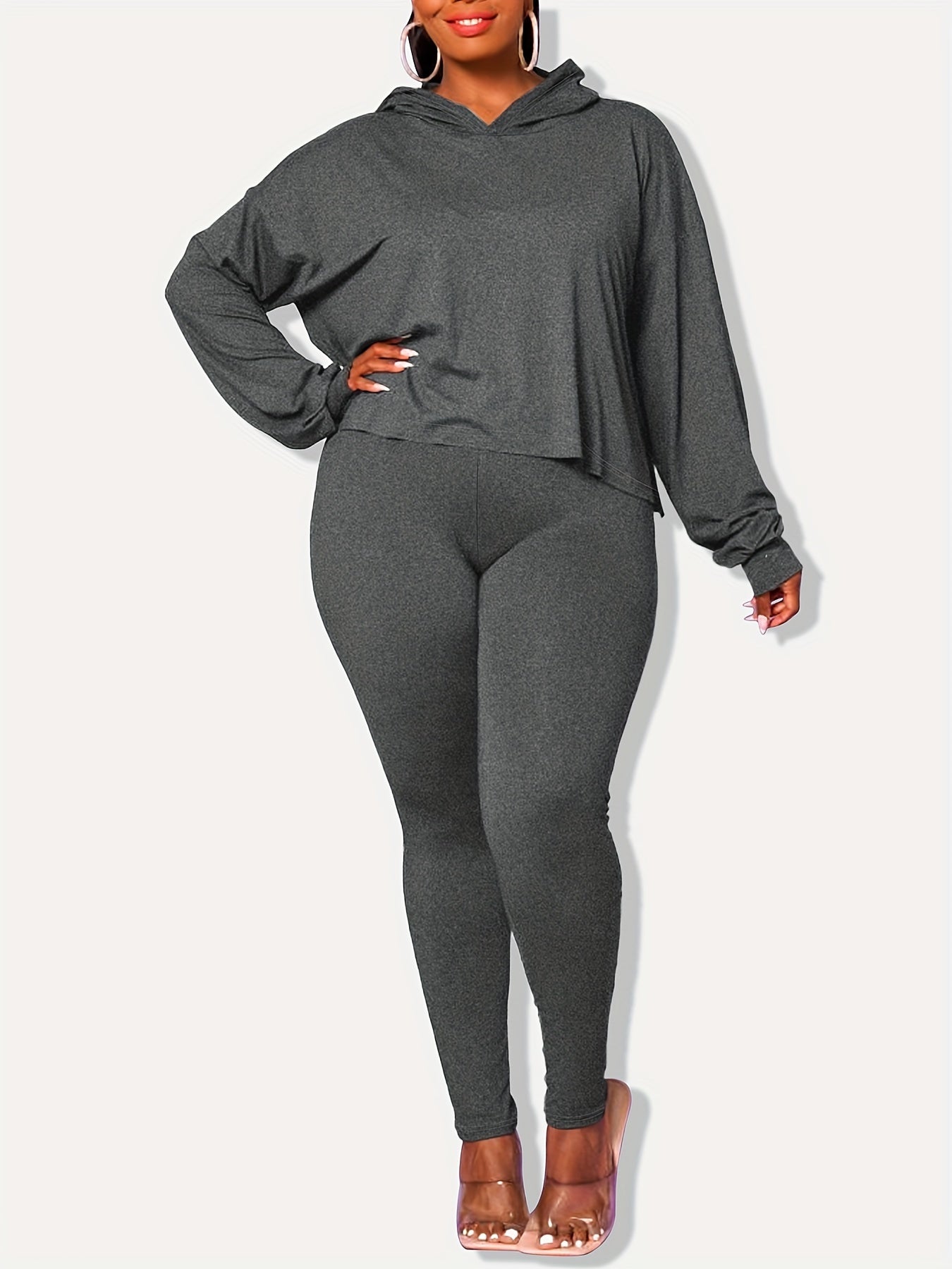  Solid Long Sleeve Hoodie & Leggings 2 Piece Set
