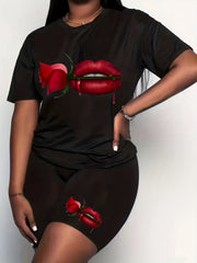 Women's Plus Rose & Lip Print Short Sleeve Tee & Shorts Set