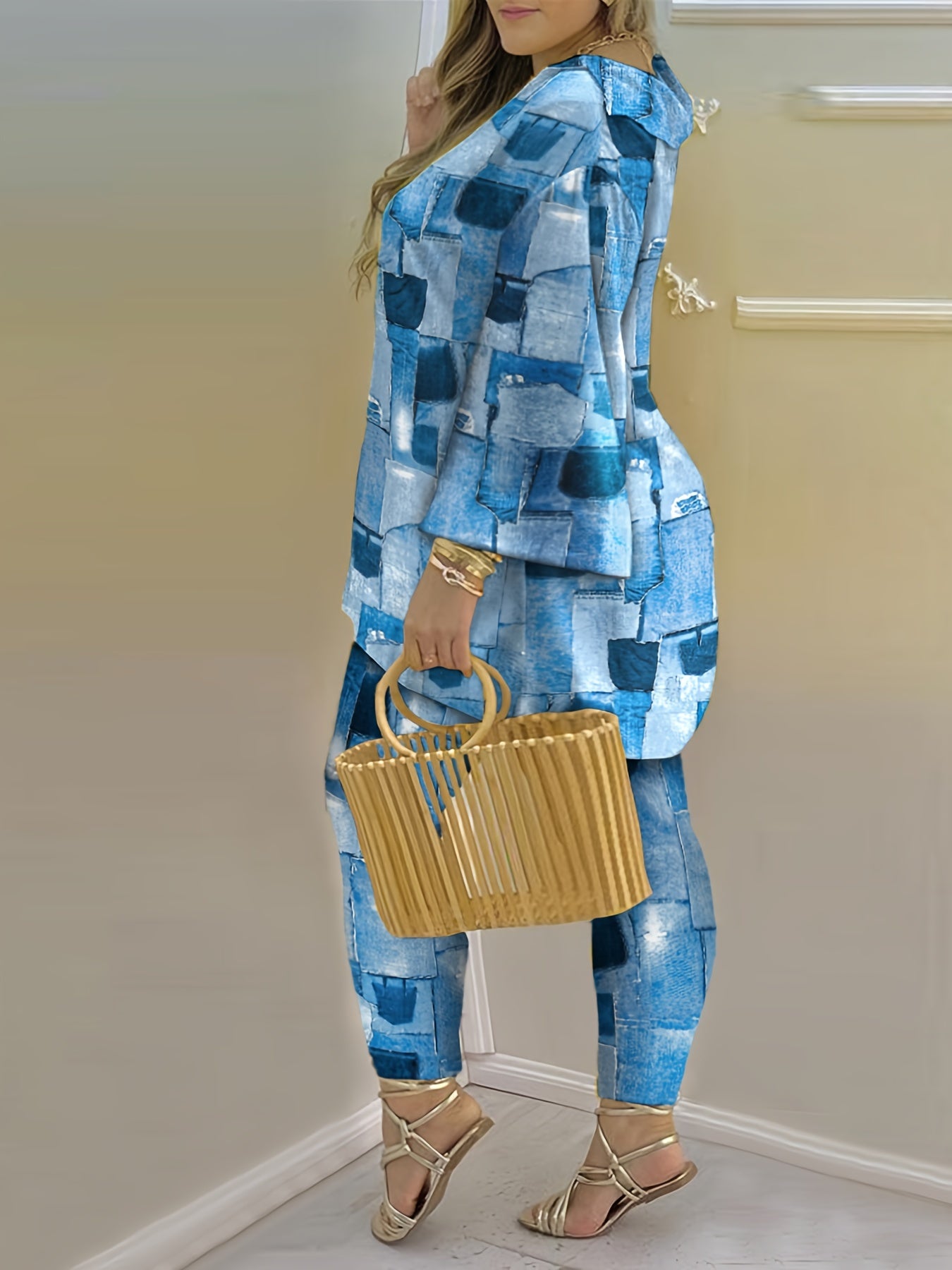  Denim Print Bell Sleeve Top & Pants Set