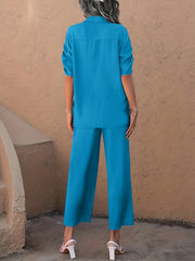 Solid Two Piece Set Ruched Half Sleeve Shirt & Elastic Waist Pants