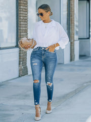  Solid Ripped Button Fly High Rise Skinny Jeans