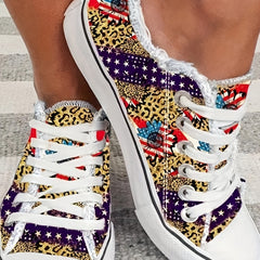 Women's Stars & Striped Print Low Round Toe Lace Up Flat Non slip Shoes