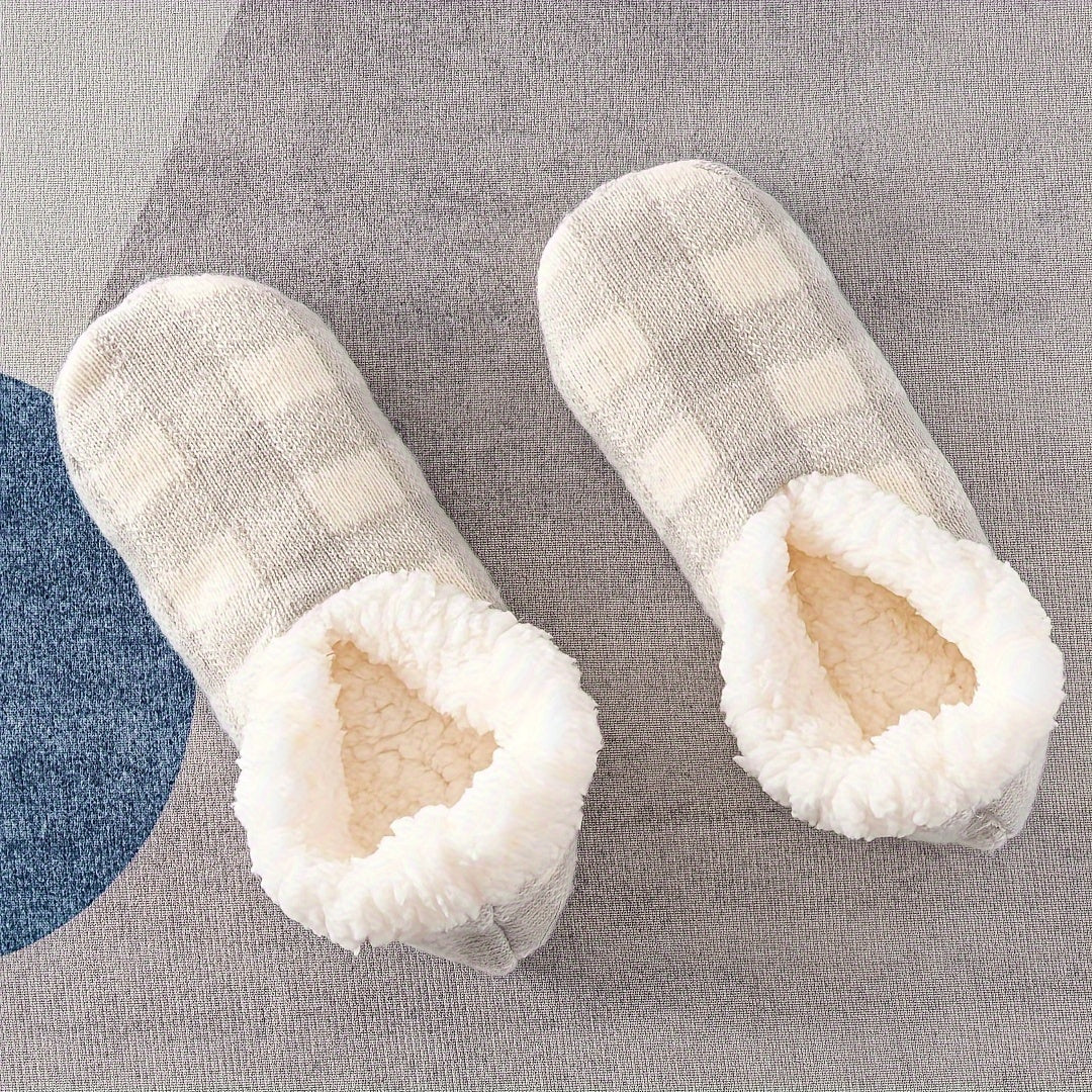Plaid Plush Lined Socks Soft & Warm Low Cut Floor Socks Women's Stockings