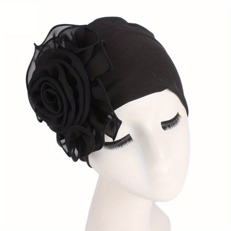 Lace Plate Flower Turban Cap Elastic Head Wrap Solid Bonnet Head Scarf Women