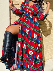  Plaid Print Maxi Shirt Dress with Pockets