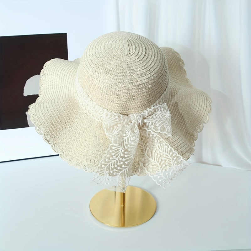 Lace Straw Sun Hat Ribbon Bowknot Decor