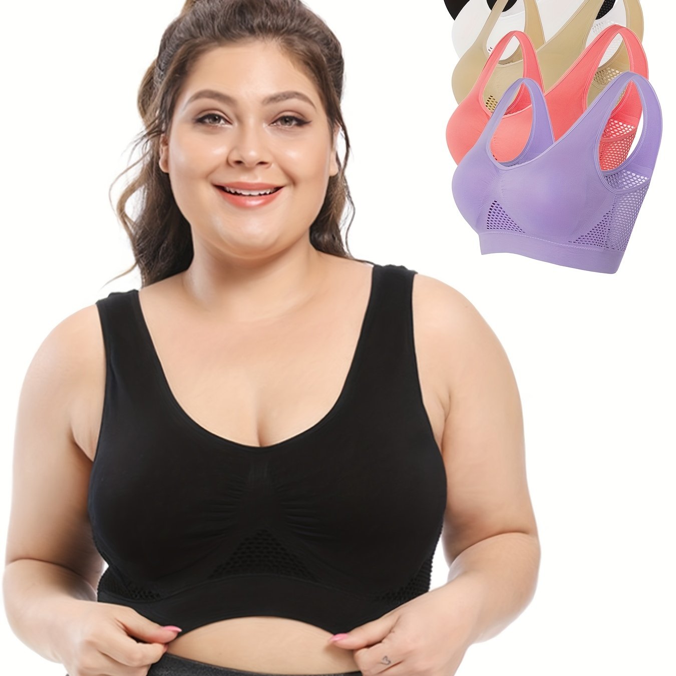 5 Pack Plus Size Sports Bra Set Women's Solid Wireless Hollow Mesh Elastic Basic