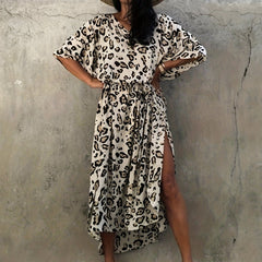  Boho Cover Up Leopard Print Batwing Sleeve V Neck Maxi