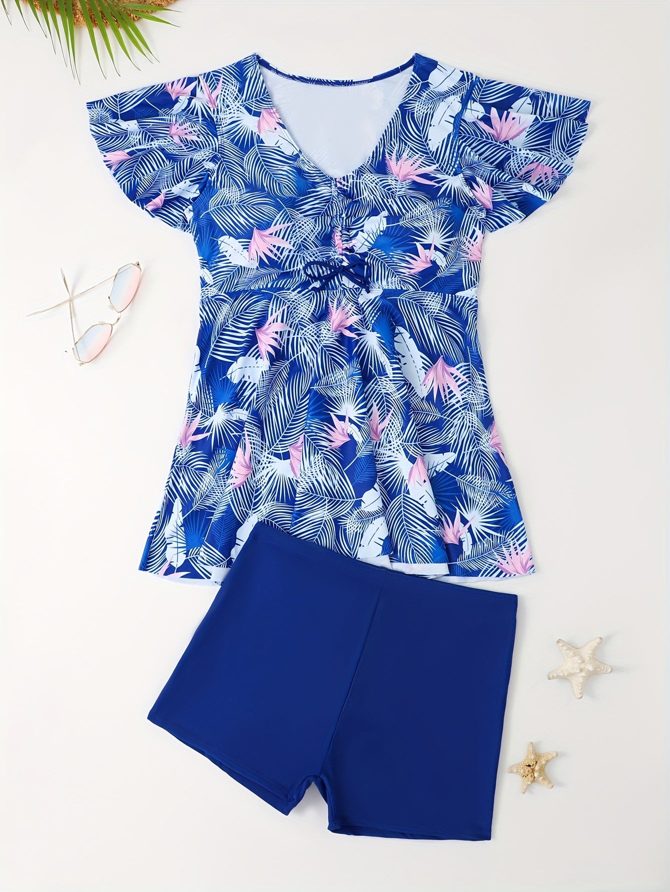  Boho Tankini Set Tropical Print Ruffle Sleeve V Neck Lace Top & Shorts