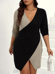  Colorblock Surplice Neck Stretch Dress
