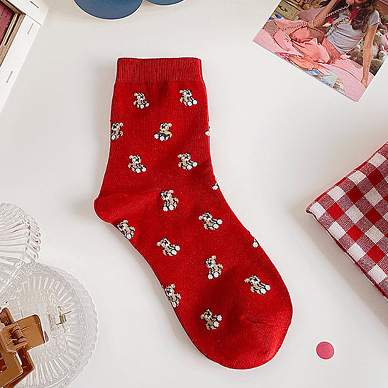 Teddy Bear Red Socks Comfy Mid Tube Women's Stockings